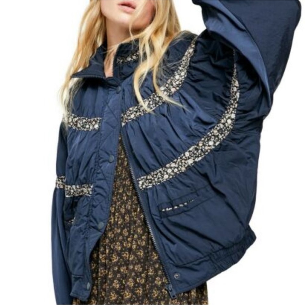 Free People Navy Floral-Trim Jacket